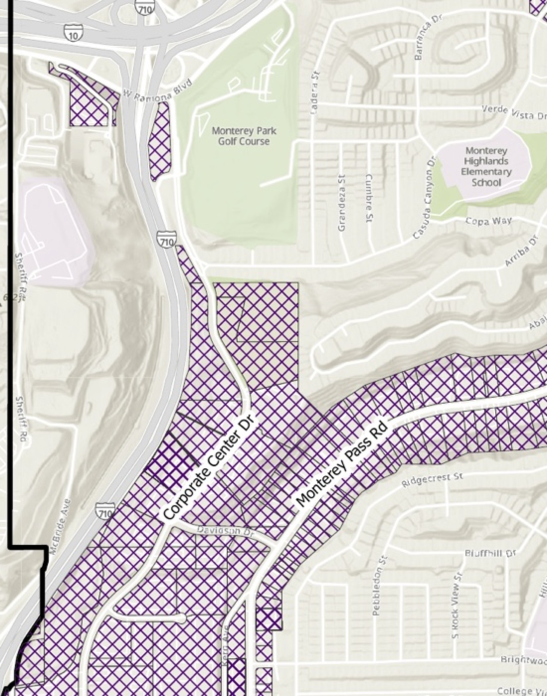 Close-up of proposed HOME overlay areas around Corporate Center Drive and the western end of Monterey Pass Road