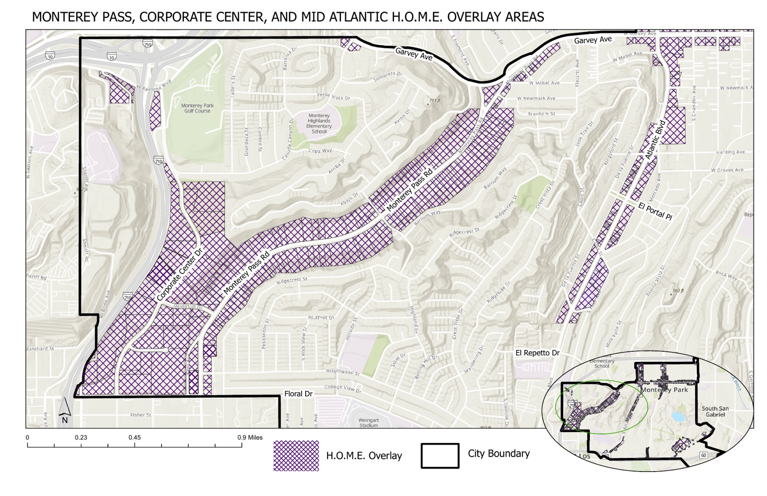 City map showing the proposed HOME housing overlay areas on Corporate Center Drive and Monterey Pass Road
