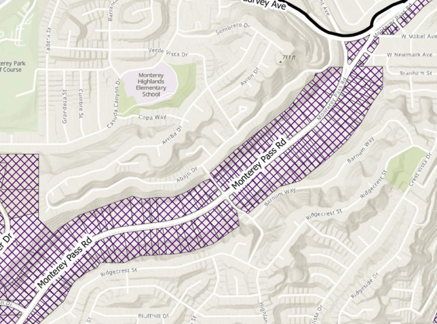 Close-up of proposed HOME overlay areas along Monterey Pass Road below Monterey Highlands Elementary School
