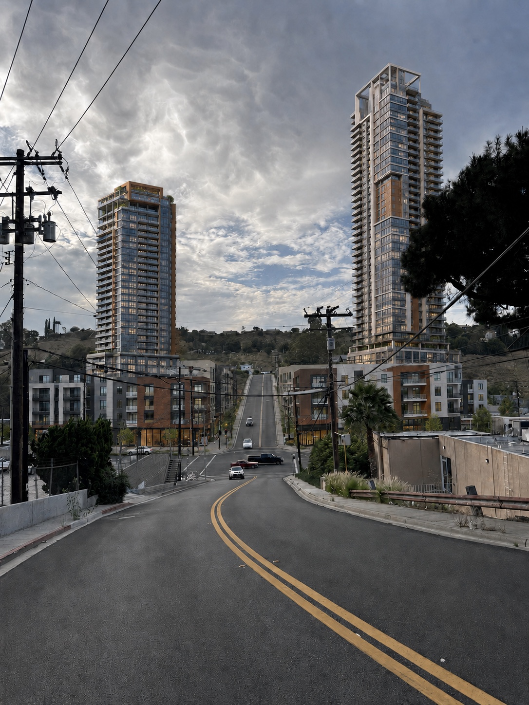 Illustrative concept of residential towers beside the same street