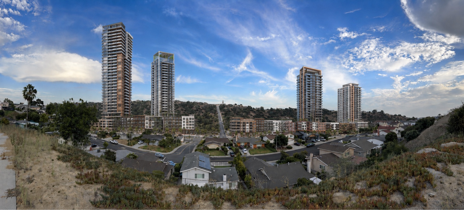 Illustrative concept showing high-rise housing across the Monterey Highlands landscape